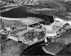 A rare photo of all three generating stations near the falls in Shawinigan