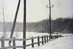 Wood pylons installed near the Shawinigan -1 generating station to supply electricity to Montréal