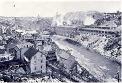 The Belgo pulp and paper mill along the shores of the Shawinigan River. Workers' homes are clearly visible.