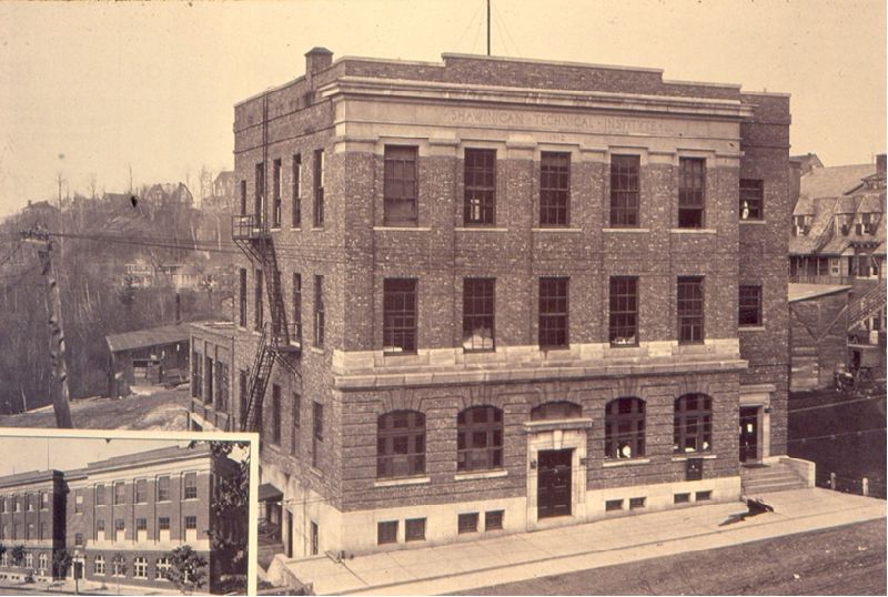 View of the Shawinigan Institute of Technology and inset of the buildling after the construction of an extension