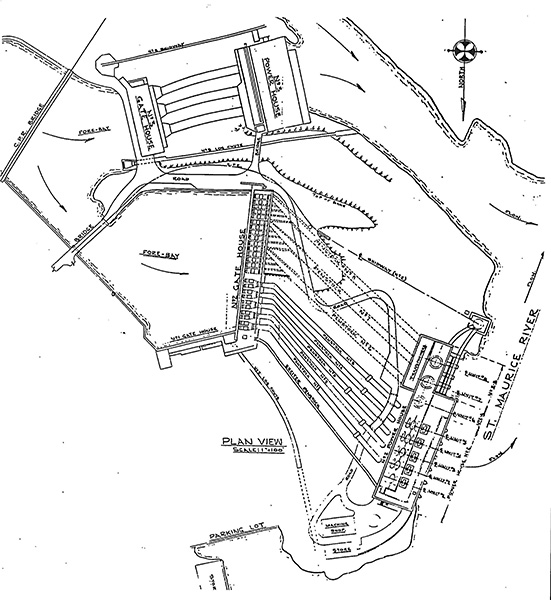 Plan illustrating each of the the gate ways of the water intake that feeds the Shawinigan-2 generating station