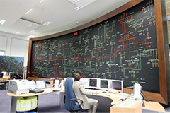 Employees monitoring different measurement instruments on the control panel at a network control centre